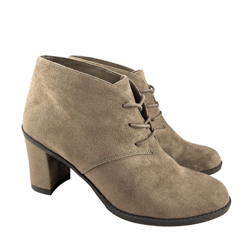 Dr‎ Scholls Women's Later Lace Up Ankle Booties 8M Taupe Faux Suede Block Heel